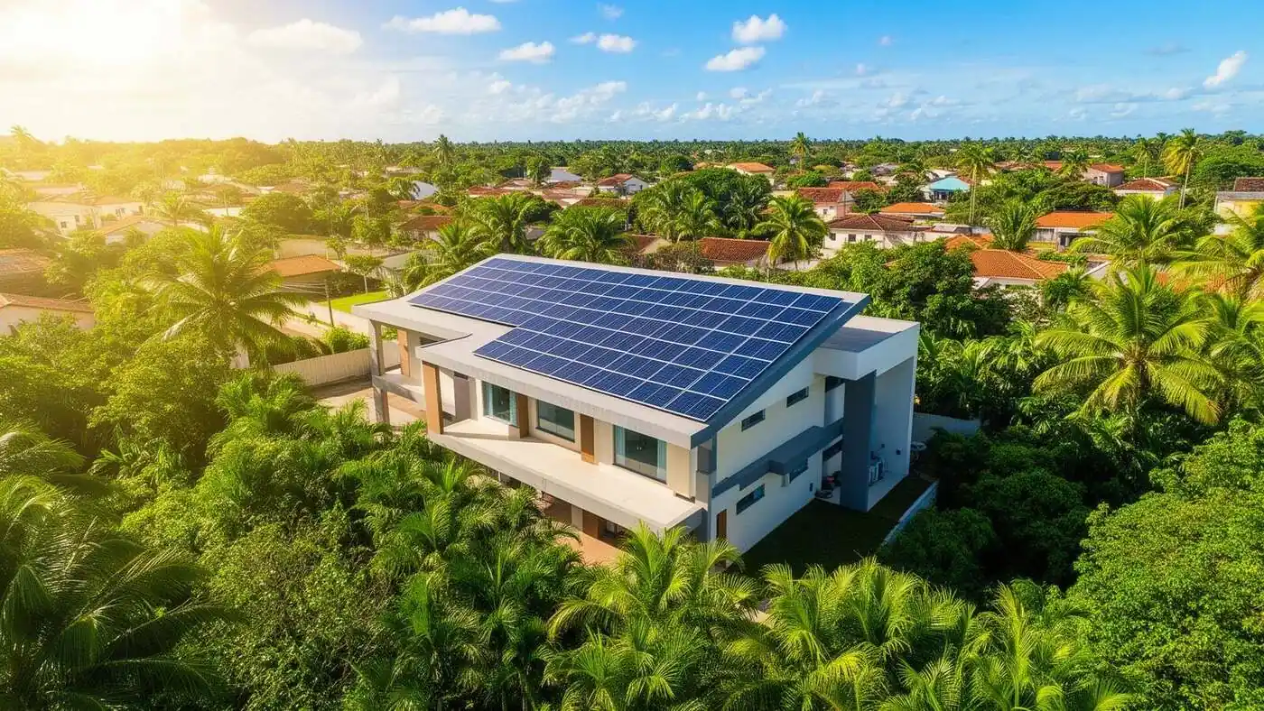 Vista aérea de Macapá com painéis solares